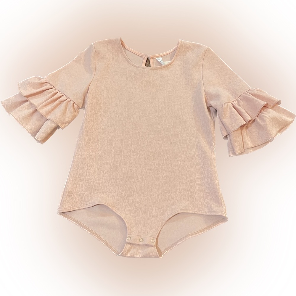Girls Beautees bodysuit pink blush size 16 ruffle sleeve spandex round neck